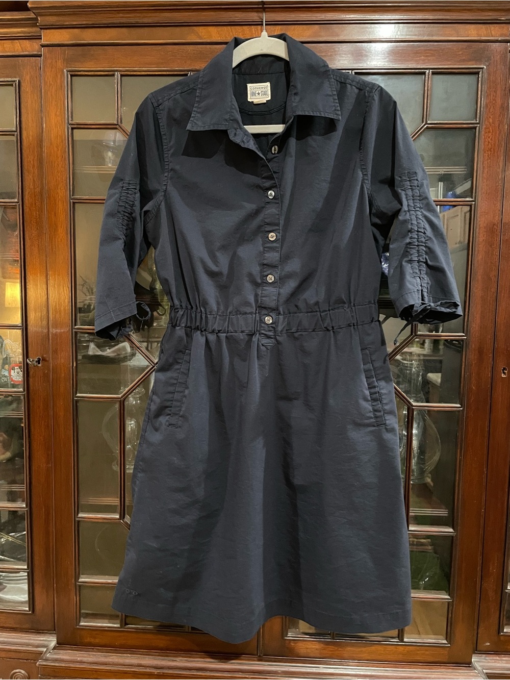 Converse Navy Button-Front Midi Shirt Dress adjustable sleeves and pockets!